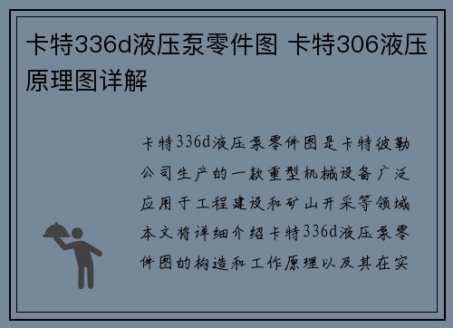 卡特336d液压泵零件图 卡特306液压原理图详解