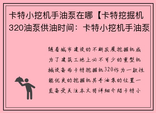 卡特小挖机手油泵在哪【卡特挖掘机320油泵供油时间：卡特小挖机手油泵：定位于何处？】